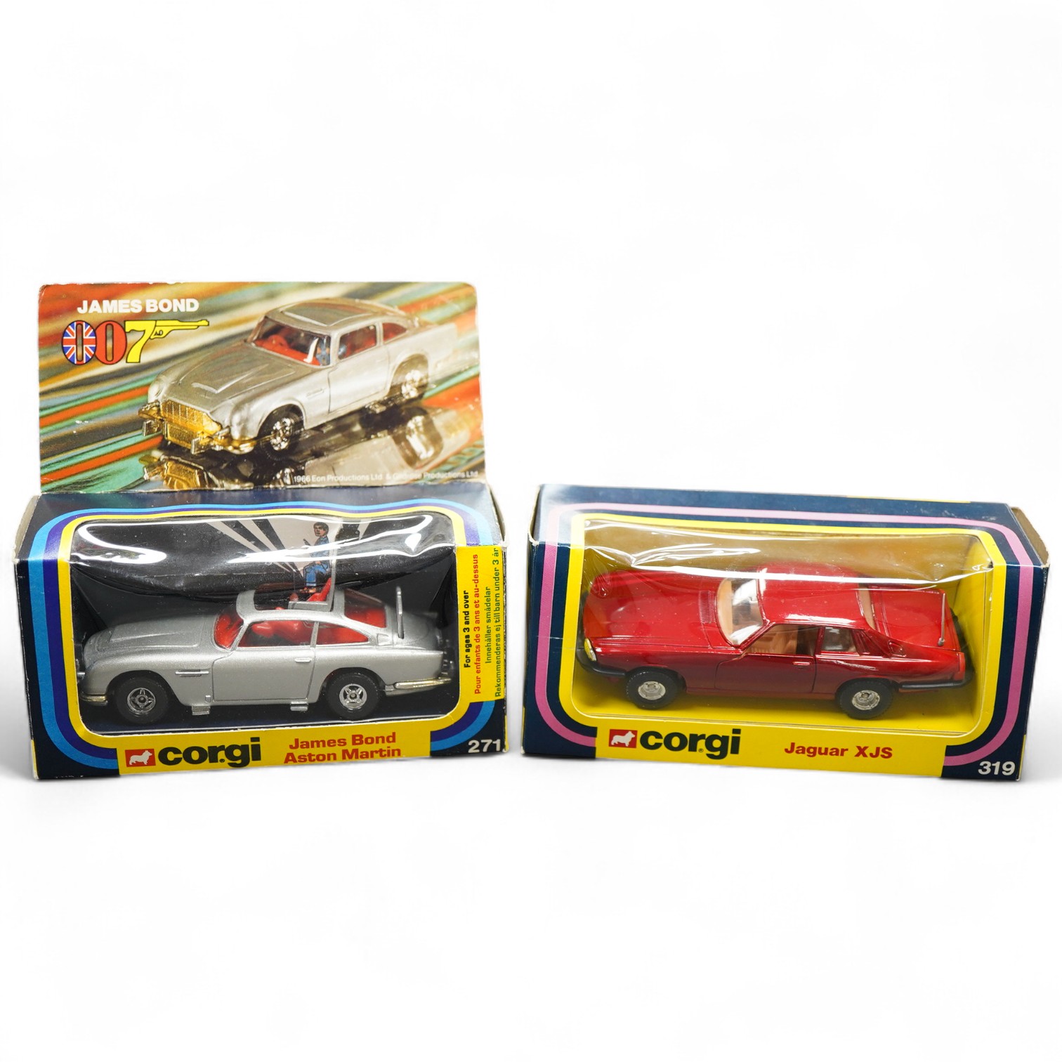 Two boxed 1970s Corgi Toys; a James Bond Aston Martin (261) in silver with passenger, together with a Jaguar XJS (319) in metallic red